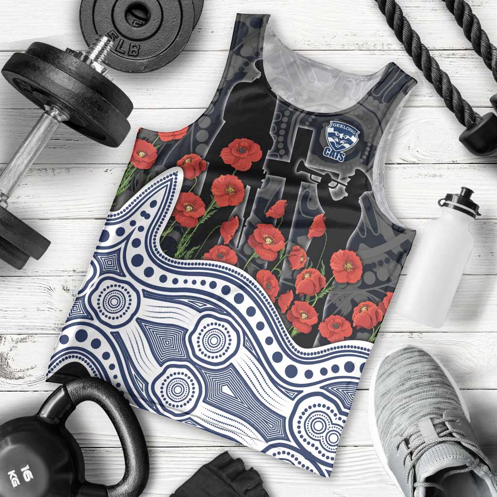 Geelong Cats ANZAC Day Men Tank Top Indigenous Dot Art with Poppy Flower Tribute