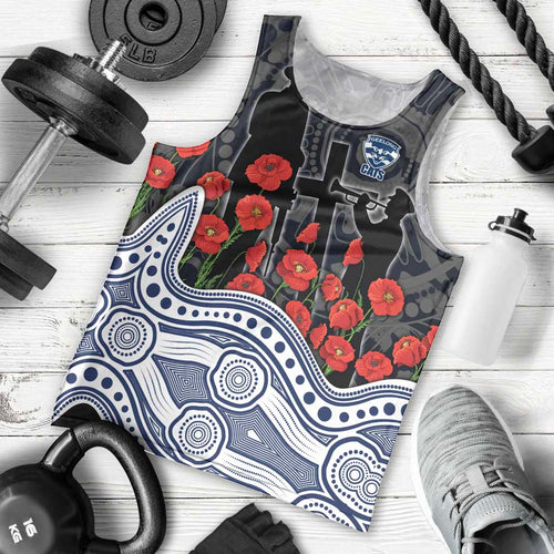 Geelong Cats ANZAC Day Men Tank Top Indigenous Dot Art with Poppy Flower Tribute