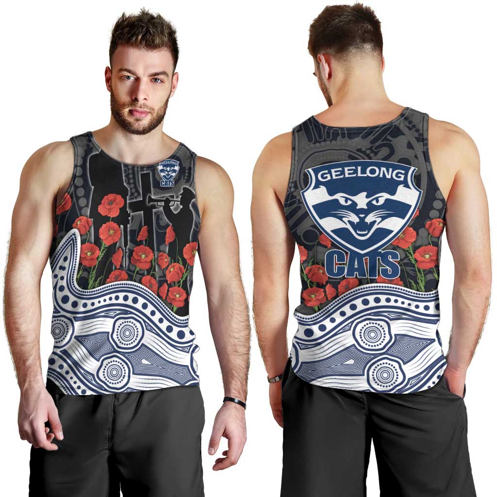 Geelong Cats ANZAC Day Men Tank Top Indigenous Dot Art with Poppy Flower Tribute