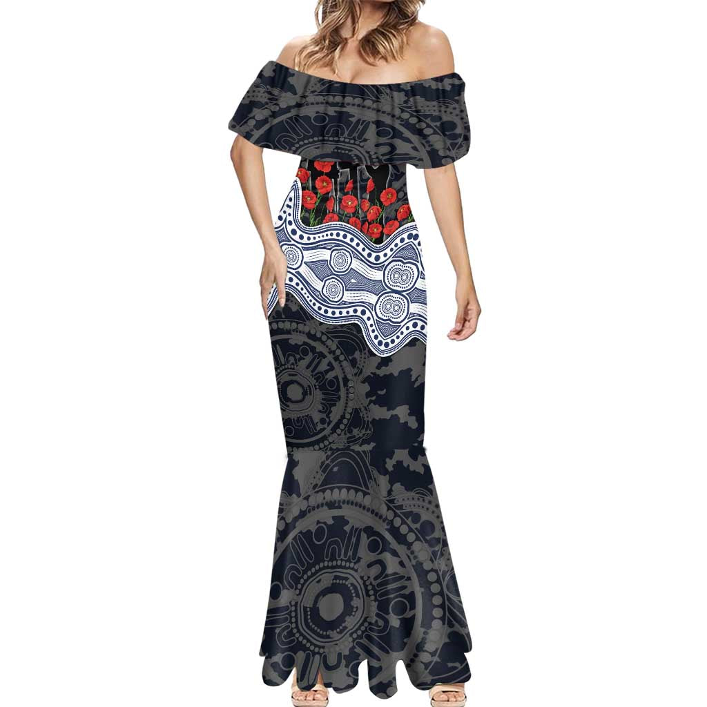 Geelong Cats ANZAC Day Mermaid Dress Indigenous Dot Art with Poppy Flower Tribute