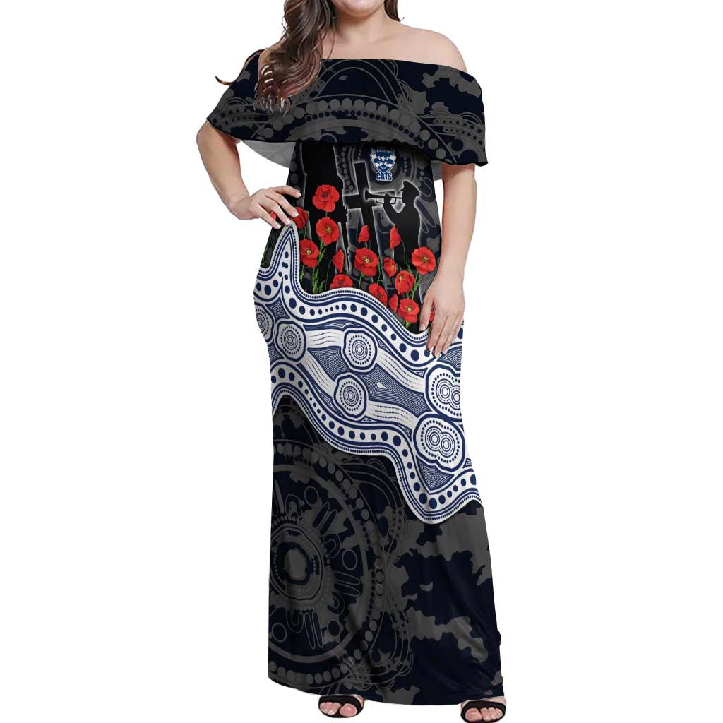 Geelong Cats ANZAC Day Off Shoulder Maxi Dress Indigenous Dot Art with Poppy Flower Tribute