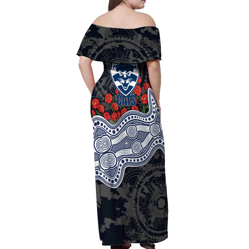Geelong Cats ANZAC Day Off Shoulder Maxi Dress Indigenous Dot Art with Poppy Flower Tribute