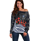 Geelong Cats ANZAC Day Off Shoulder Sweater Indigenous Dot Art with Poppy Flower Tribute