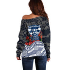 Geelong Cats ANZAC Day Off Shoulder Sweater Indigenous Dot Art with Poppy Flower Tribute
