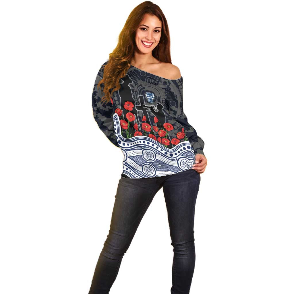 Geelong Cats ANZAC Day Off Shoulder Sweater Indigenous Dot Art with Poppy Flower Tribute