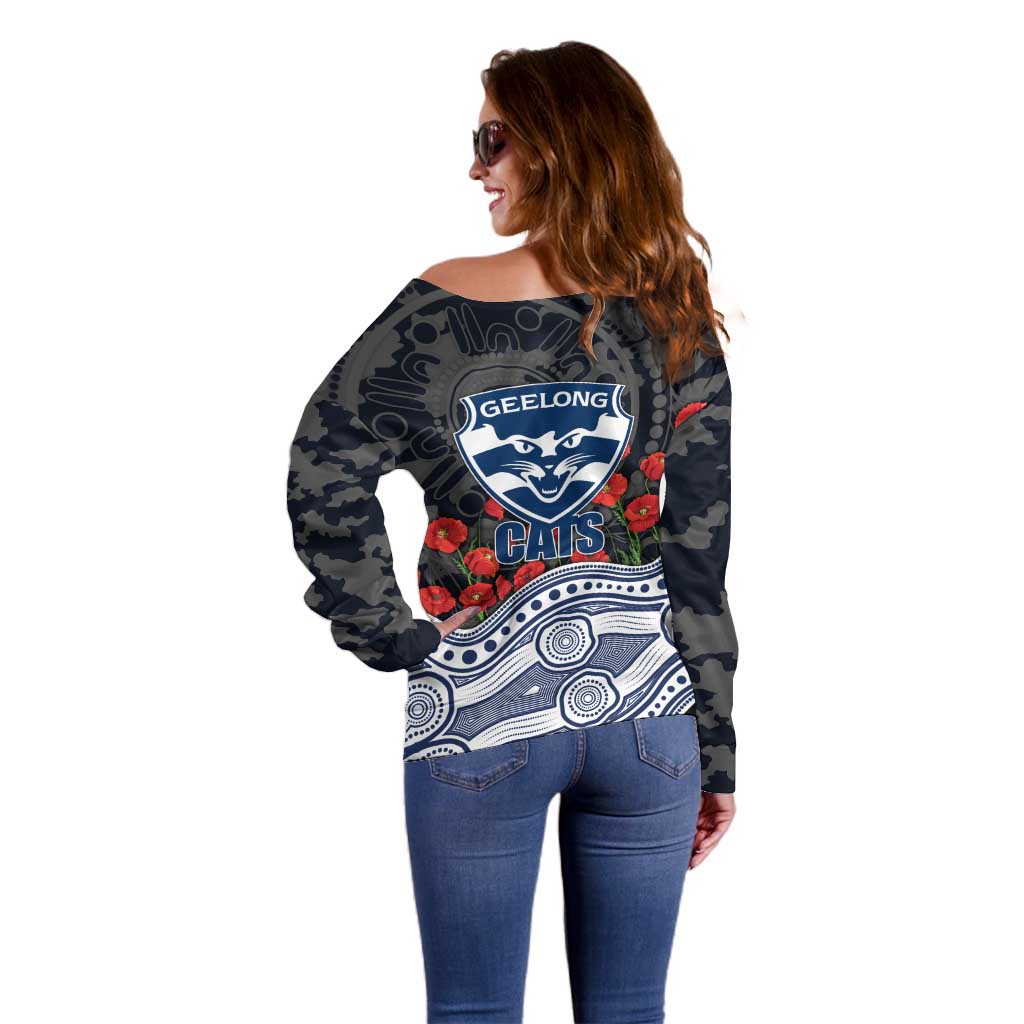 Geelong Cats ANZAC Day Off Shoulder Sweater Indigenous Dot Art with Poppy Flower Tribute