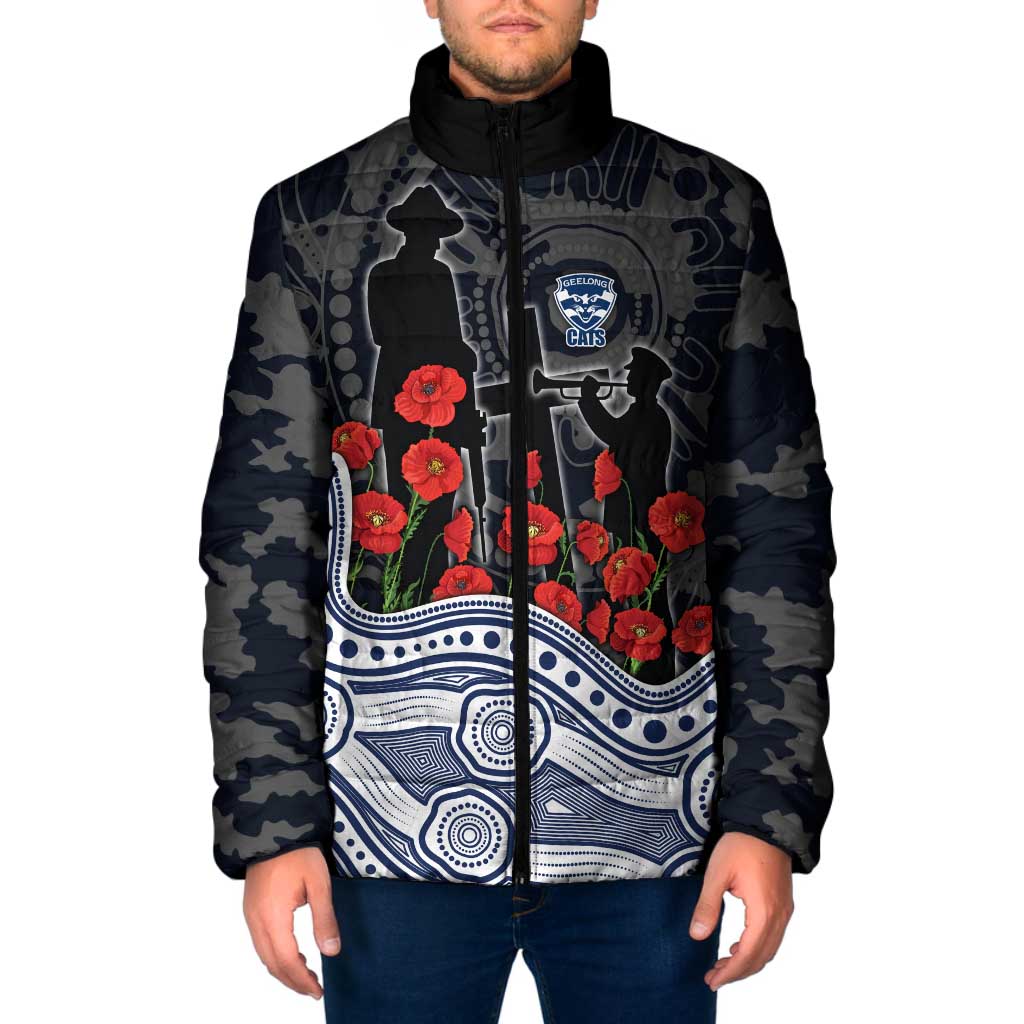 Geelong Cats ANZAC Day Padded Jacket Indigenous Dot Art with Poppy Flower Tribute