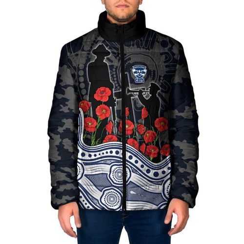 Geelong Cats ANZAC Day Padded Jacket Indigenous Dot Art with Poppy Flower Tribute