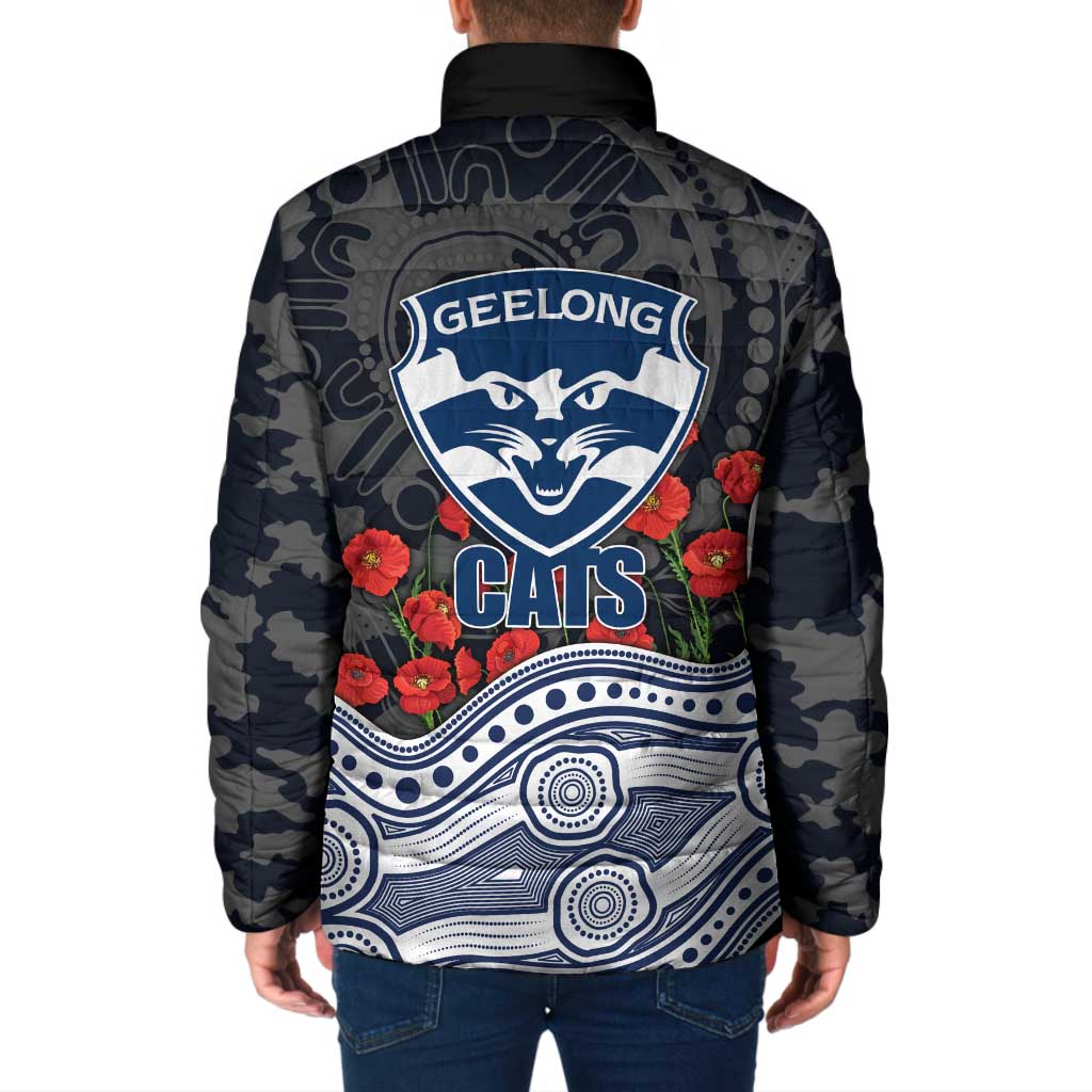 Geelong Cats ANZAC Day Padded Jacket Indigenous Dot Art with Poppy Flower Tribute