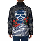 Geelong Cats ANZAC Day Padded Jacket Indigenous Dot Art with Poppy Flower Tribute