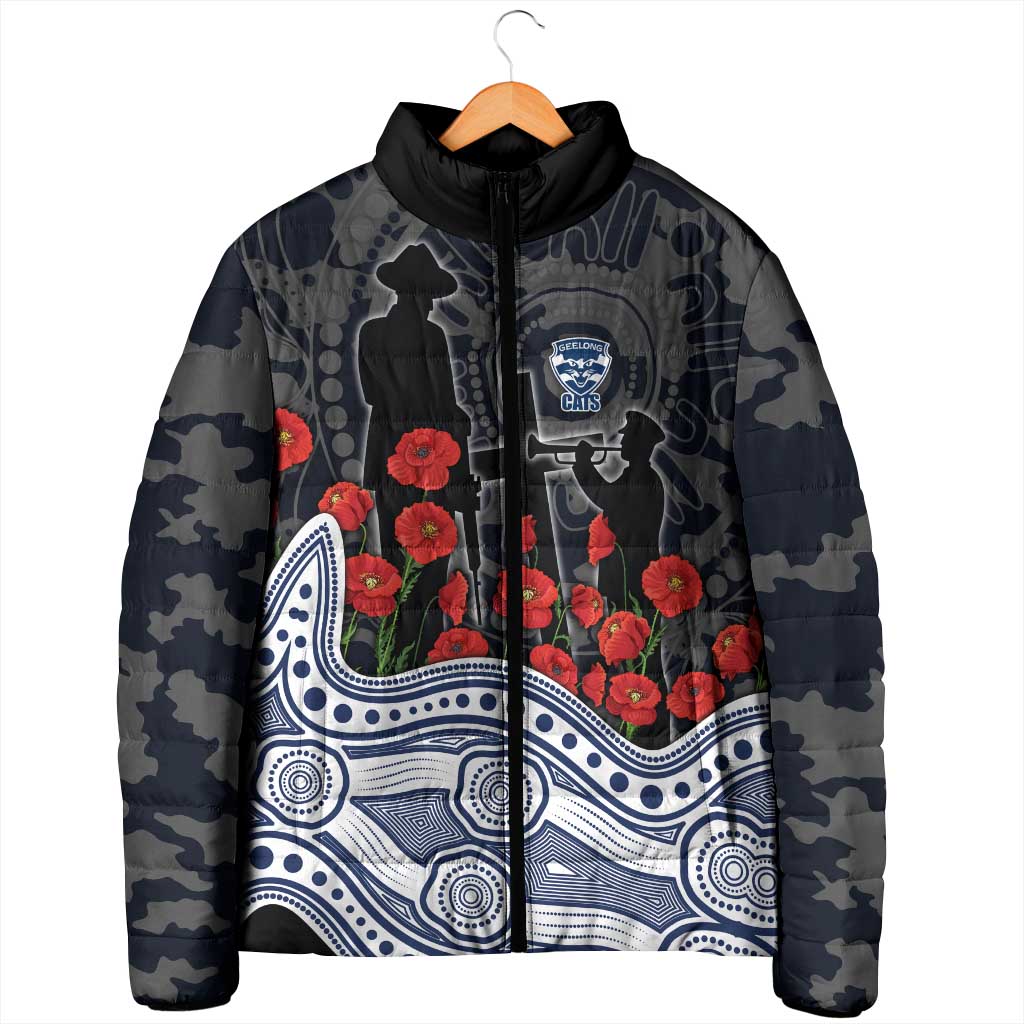 Geelong Cats ANZAC Day Padded Jacket Indigenous Dot Art with Poppy Flower Tribute