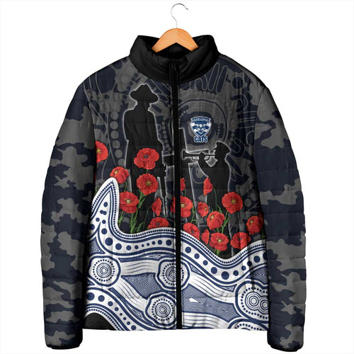 Geelong Cats ANZAC Day Padded Jacket Indigenous Dot Art with Poppy Flower Tribute