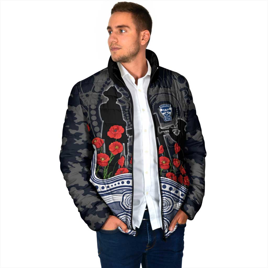 Geelong Cats ANZAC Day Padded Jacket Indigenous Dot Art with Poppy Flower Tribute