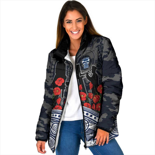Geelong Cats ANZAC Day Padded Jacket Indigenous Dot Art with Poppy Flower Tribute