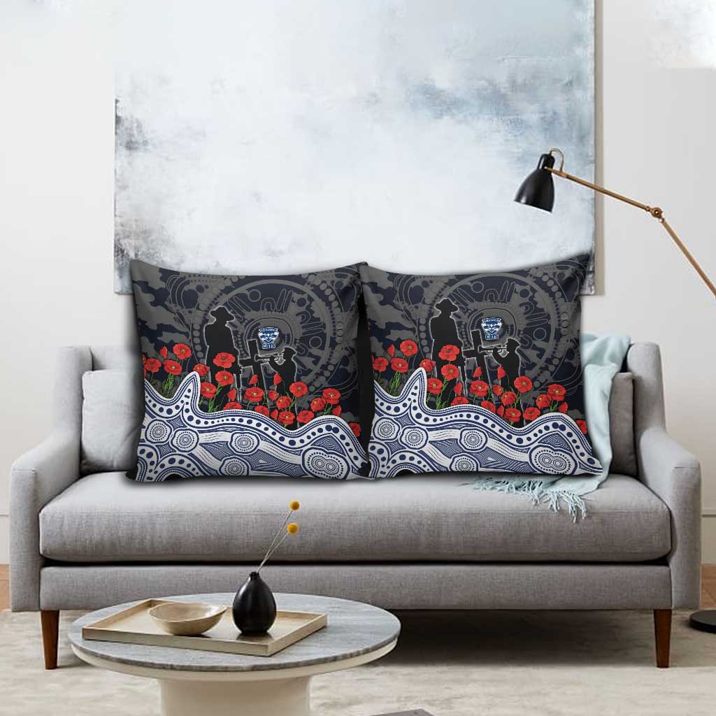Geelong Cats ANZAC Day Pillow Cover Indigenous Dot Art with Poppy Flower Tribute