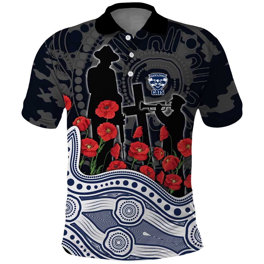 Geelong Cats ANZAC Day Polo Shirt Indigenous Dot Art with Poppy Flower Tribute