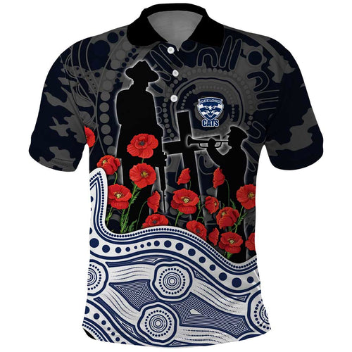 Geelong Cats ANZAC Day Polo Shirt Indigenous Dot Art with Poppy Flower Tribute