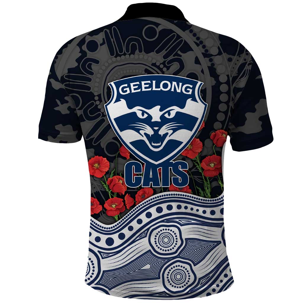 Geelong Cats ANZAC Day Polo Shirt Indigenous Dot Art with Poppy Flower Tribute