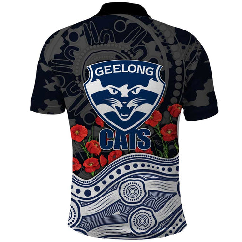 Geelong Cats ANZAC Day Polo Shirt Indigenous Dot Art with Poppy Flower Tribute