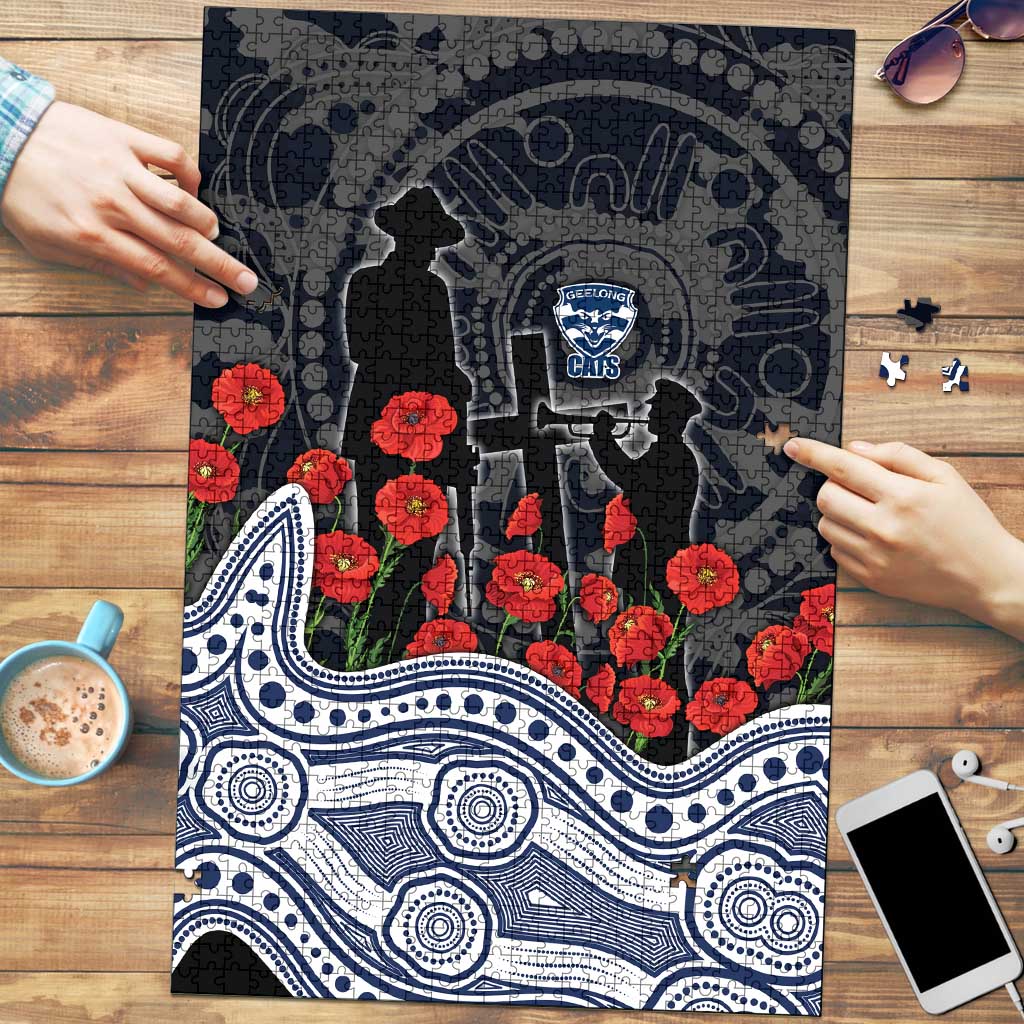 Geelong Cats ANZAC Day Puzzle Indigenous Dot Art with Poppy Flower Tribute