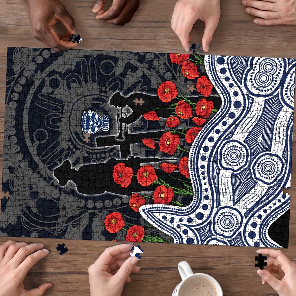 Geelong Cats ANZAC Day Puzzle Indigenous Dot Art with Poppy Flower Tribute