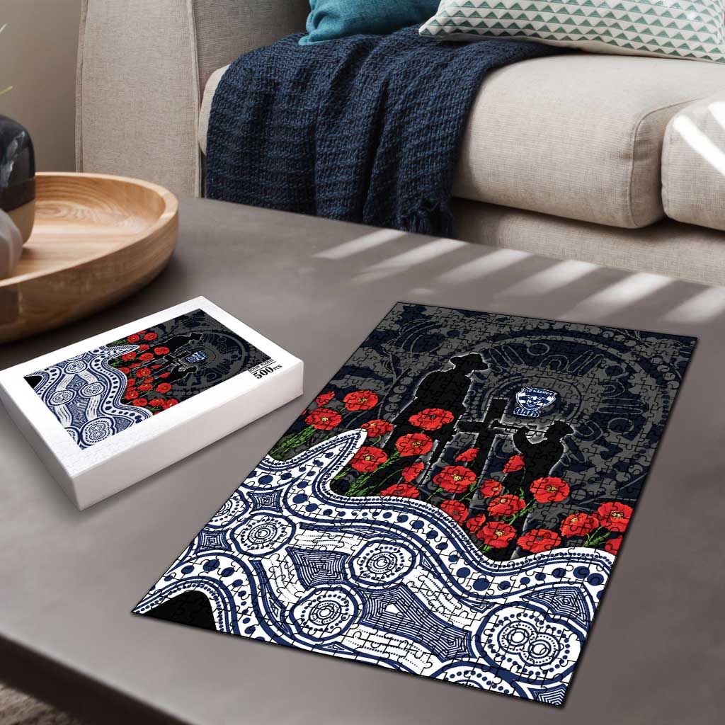 Geelong Cats ANZAC Day Puzzle Indigenous Dot Art with Poppy Flower Tribute