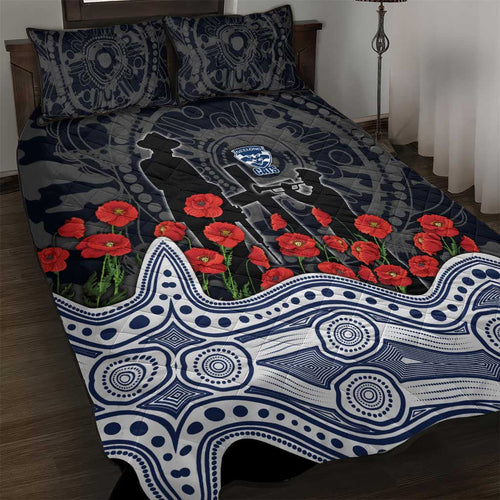 Geelong Cats ANZAC Day Quilt Bed Set Indigenous Dot Art with Poppy Flower Tribute