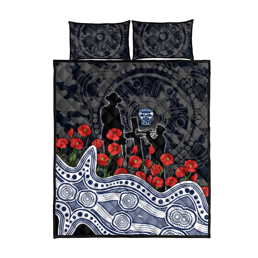 Geelong Cats ANZAC Day Quilt Bed Set Indigenous Dot Art with Poppy Flower Tribute