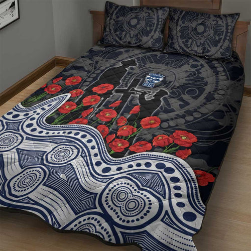 Geelong Cats ANZAC Day Quilt Bed Set Indigenous Dot Art with Poppy Flower Tribute
