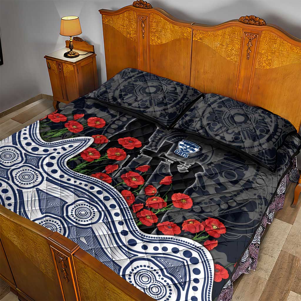 Geelong Cats ANZAC Day Quilt Bed Set Indigenous Dot Art with Poppy Flower Tribute