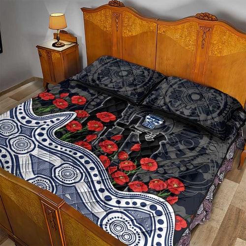 Geelong Cats ANZAC Day Quilt Bed Set Indigenous Dot Art with Poppy Flower Tribute