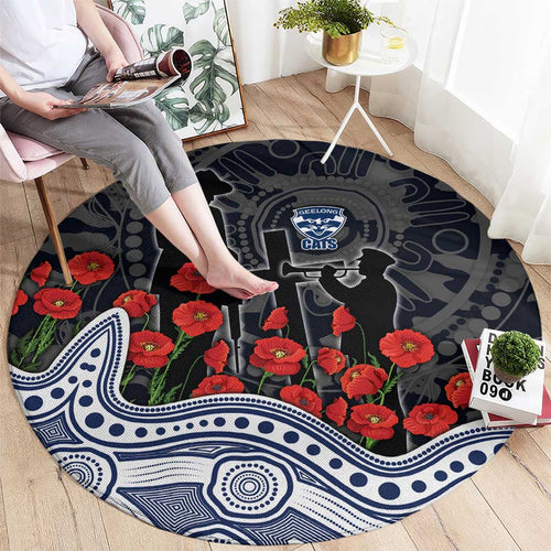 Geelong Cats ANZAC Day Round Carpet Indigenous Dot Art with Poppy Flower Tribute