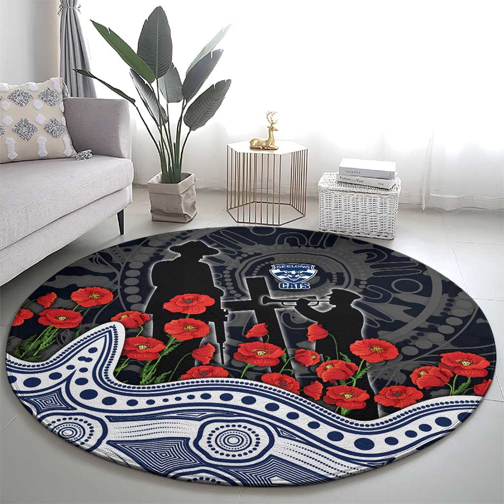 Geelong Cats ANZAC Day Round Carpet Indigenous Dot Art with Poppy Flower Tribute