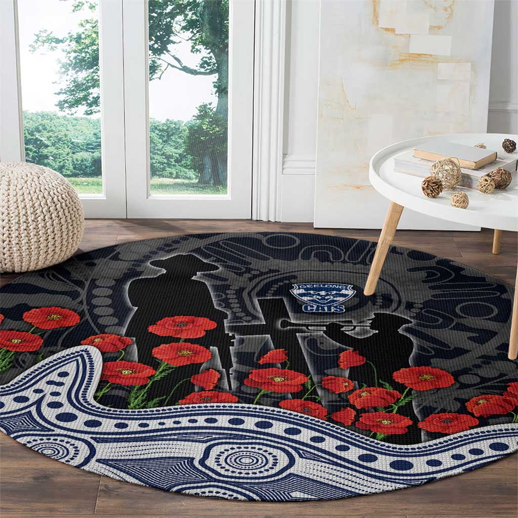 Geelong Cats ANZAC Day Round Carpet Indigenous Dot Art with Poppy Flower Tribute