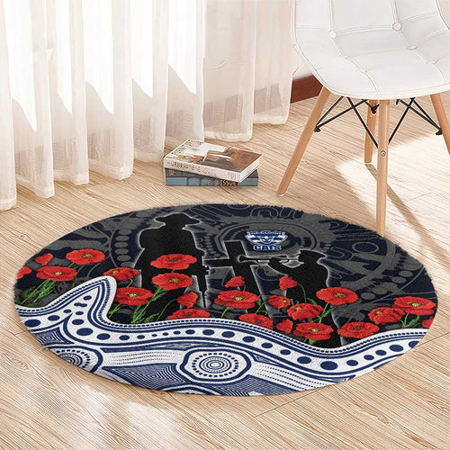 Geelong Cats ANZAC Day Round Carpet Indigenous Dot Art with Poppy Flower Tribute