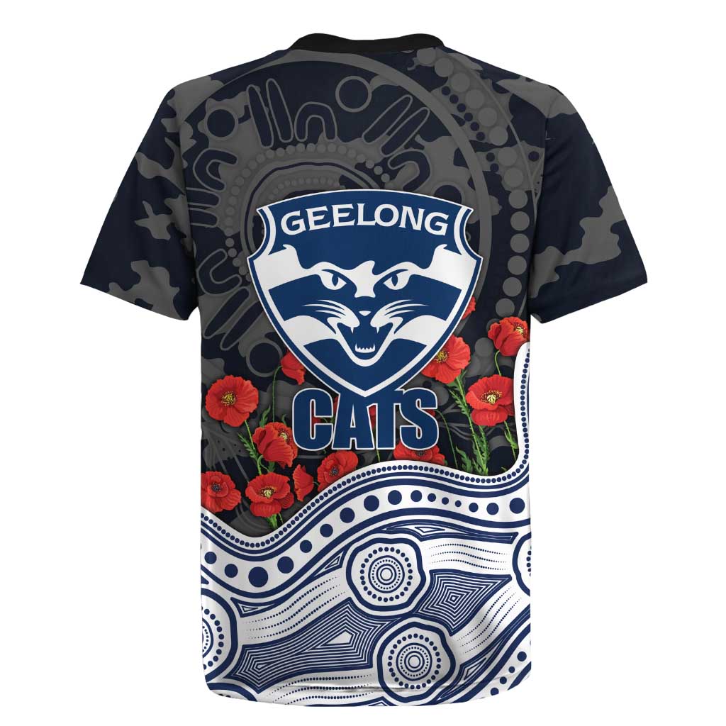 Geelong Cats ANZAC Day Rugby Jersey Indigenous Dot Art with Poppy Flower Tribute