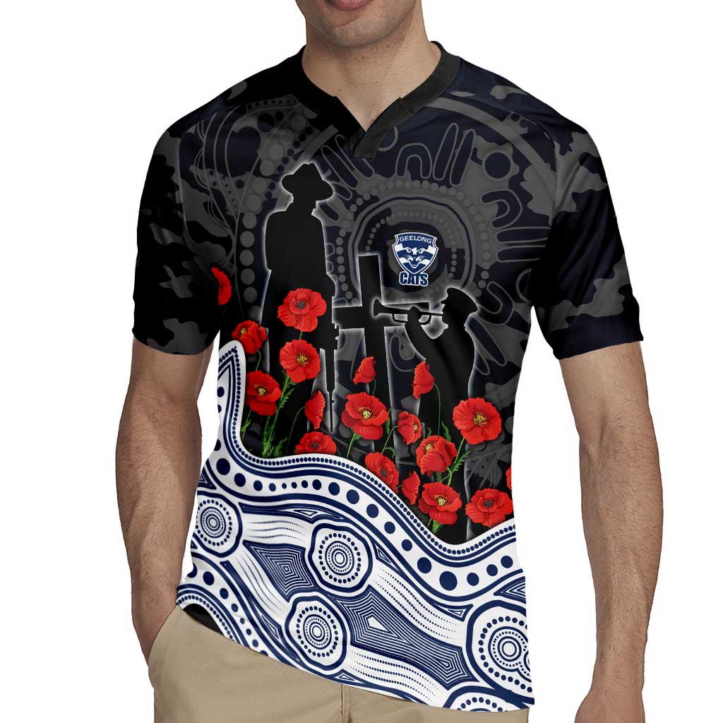 Geelong Cats ANZAC Day Rugby Jersey Indigenous Dot Art with Poppy Flower Tribute