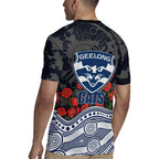 Geelong Cats ANZAC Day Rugby Jersey Indigenous Dot Art with Poppy Flower Tribute