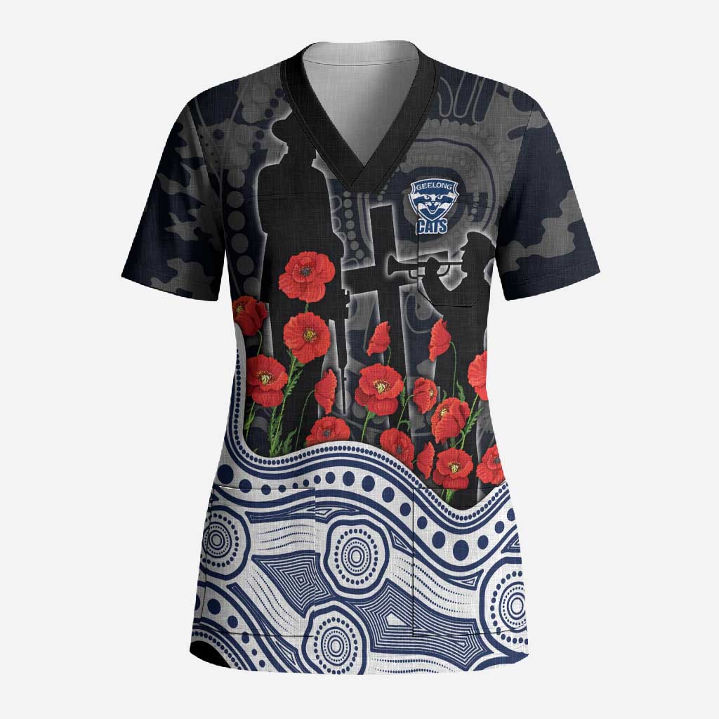 Geelong Cats ANZAC Day Scrub Top Indigenous Dot Art with Poppy Flower Tribute