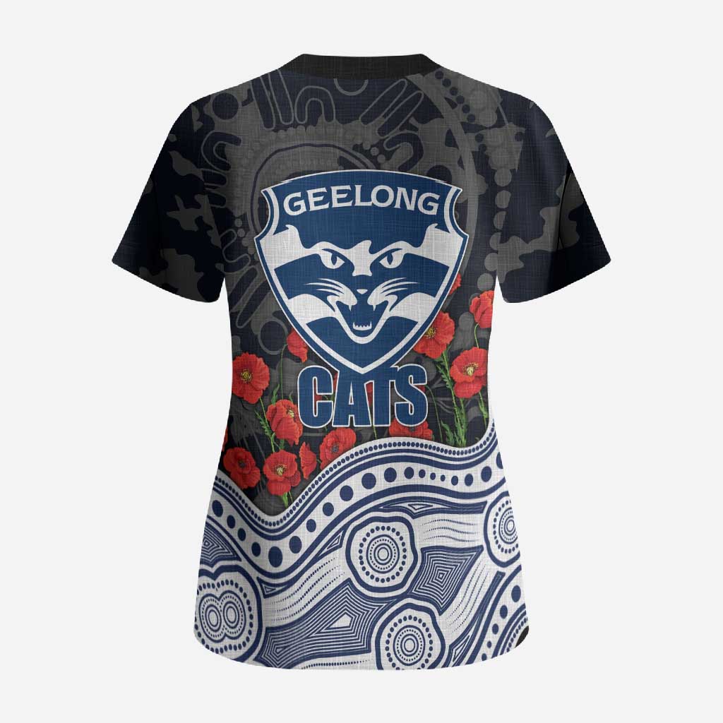 Geelong Cats ANZAC Day Scrub Top Indigenous Dot Art with Poppy Flower Tribute