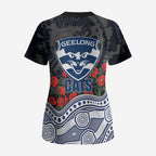 Geelong Cats ANZAC Day Scrub Top Indigenous Dot Art with Poppy Flower Tribute
