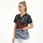 Geelong Cats ANZAC Day Scrub Top Indigenous Dot Art with Poppy Flower Tribute