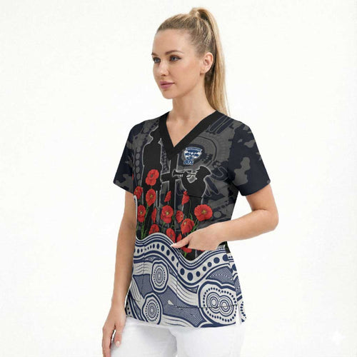Geelong Cats ANZAC Day Scrub Top Indigenous Dot Art with Poppy Flower Tribute