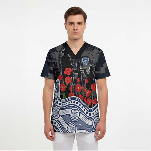 Geelong Cats ANZAC Day Scrub Top Indigenous Dot Art with Poppy Flower Tribute