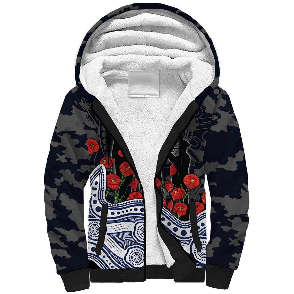 Geelong Cats ANZAC Day Sherpa Hoodie Indigenous Dot Art with Poppy Flower Tribute
