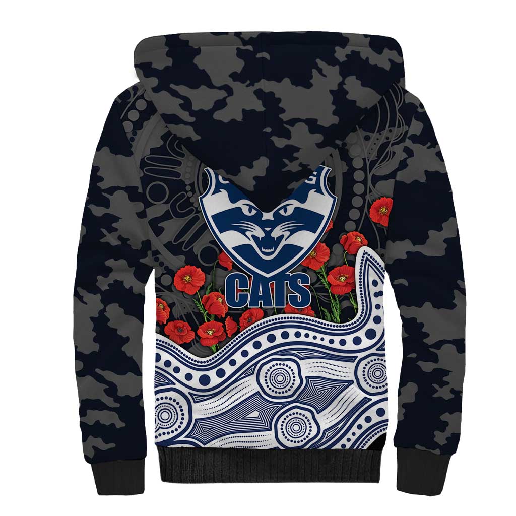 Geelong Cats ANZAC Day Sherpa Hoodie Indigenous Dot Art with Poppy Flower Tribute