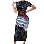 Geelong Cats ANZAC Day Short Sleeve Bodycon Dress Indigenous Dot Art with Poppy Flower Tribute