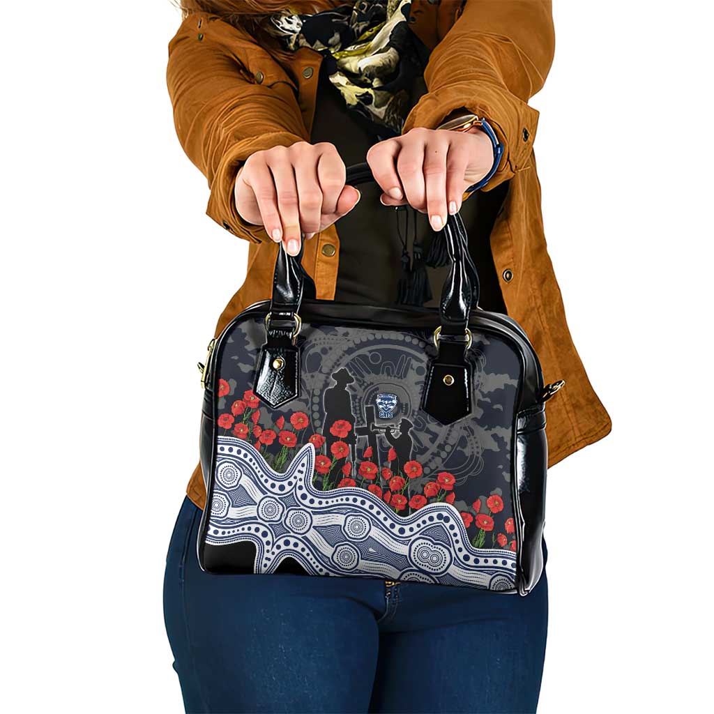 Geelong Cats ANZAC Day Shoulder Handbag Indigenous Dot Art with Poppy Flower Tribute