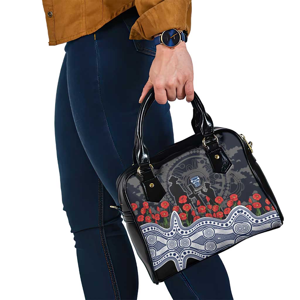 Geelong Cats ANZAC Day Shoulder Handbag Indigenous Dot Art with Poppy Flower Tribute