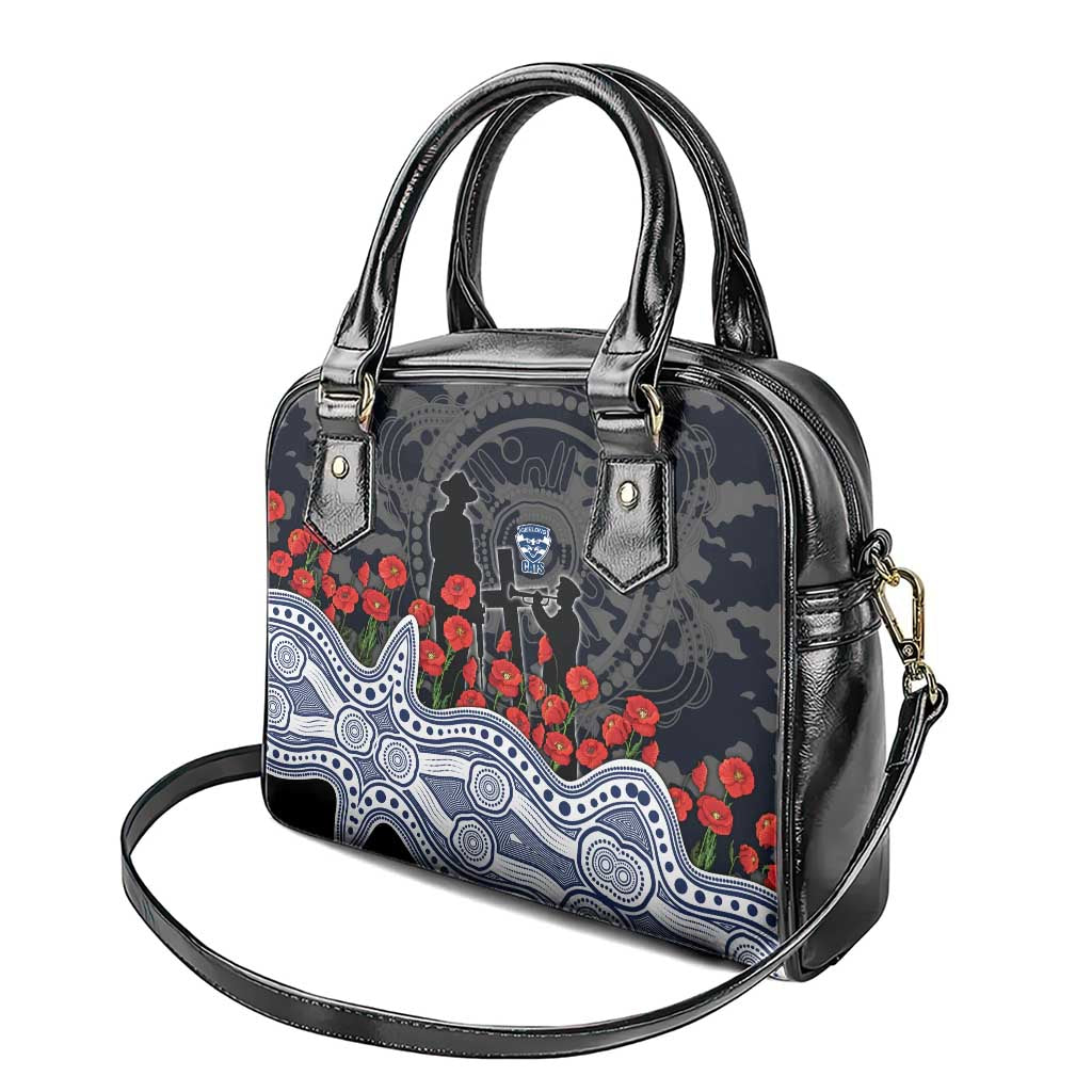 Geelong Cats ANZAC Day Shoulder Handbag Indigenous Dot Art with Poppy Flower Tribute